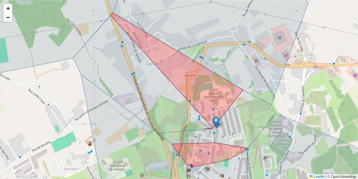 Mapa detalhado do código postal 2950-201 com limites, códigos postais vizinhos e agências dos correios