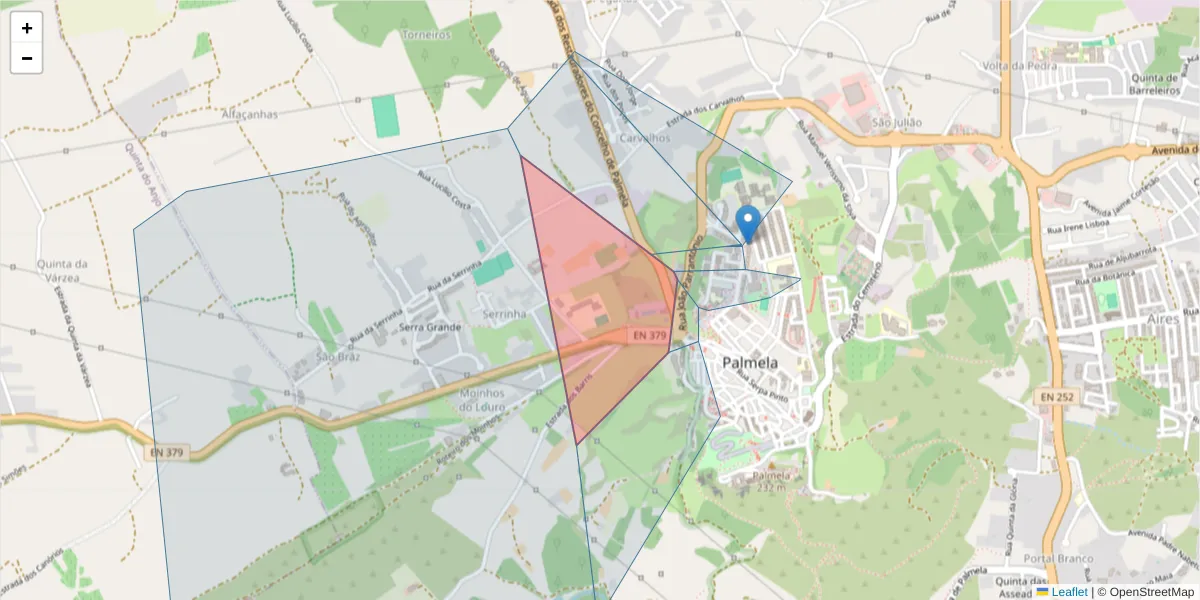 Mapa detalhado do código postal 2950-214 com limites, códigos postais vizinhos e agências dos correios
