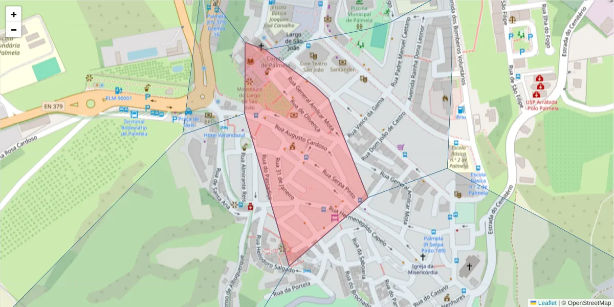 Mapa detalhado do código postal 2950-256 com limites, códigos postais vizinhos e agências dos correios