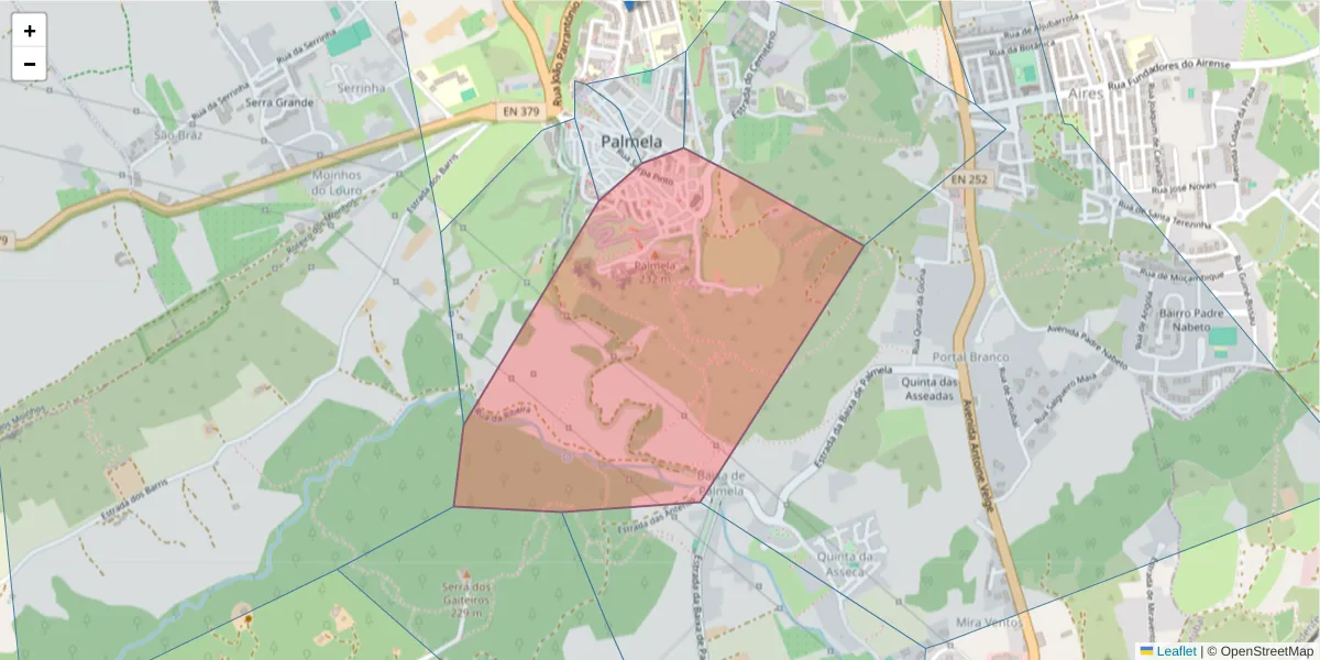 Mapa detalhado do código postal 2950-264 Palmela com limites, códigos postais vizinhos e agências dos correios
