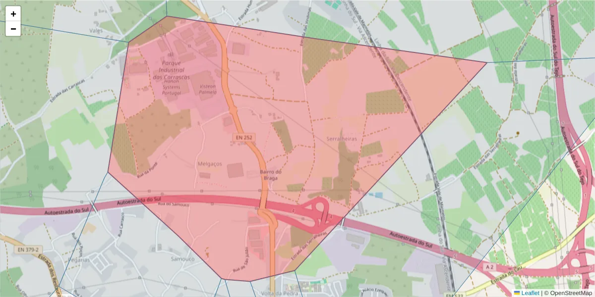 Mapa detalhado do código postal 2950-313 com limites, códigos postais vizinhos e agências dos correios
