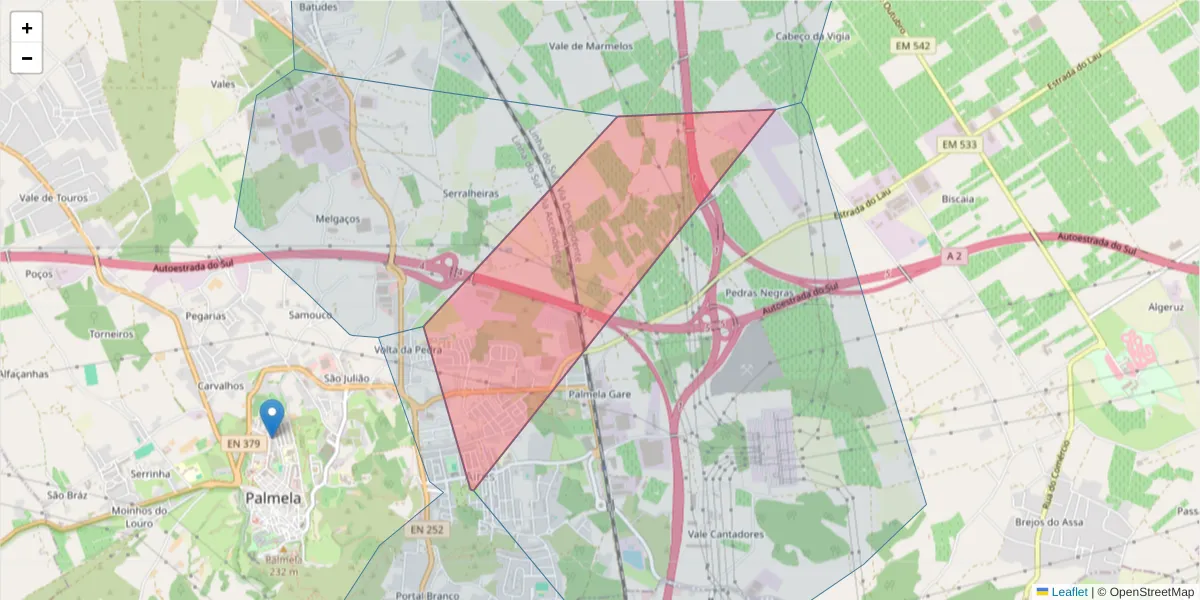 Mapa detalhado do código postal 2950-420 com limites, códigos postais vizinhos e agências dos correios