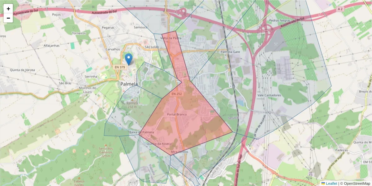 Mapa detalhado do código postal 2950-439 com limites, códigos postais vizinhos e agências dos correios