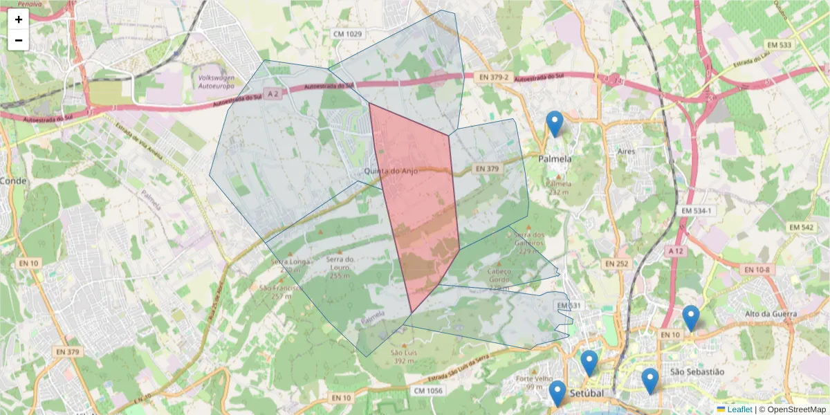 Mapa detalhado do código postal 2950-701 com limites, códigos postais vizinhos e agências dos correios