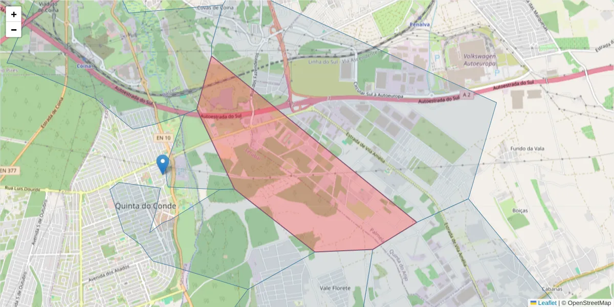 Mapa detalhado do código postal 2950-805 com limites, códigos postais vizinhos e agências dos correios