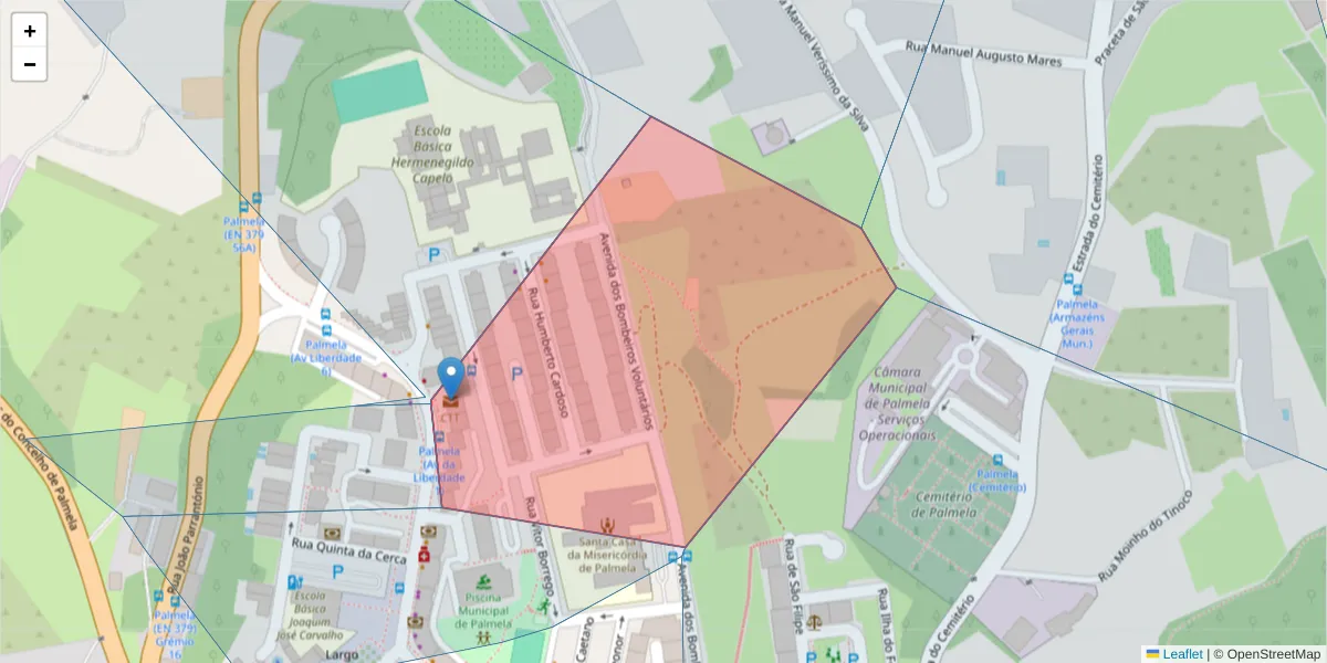 Mapa detalhado do código postal 2950-999 com limites, códigos postais vizinhos e agências dos correios