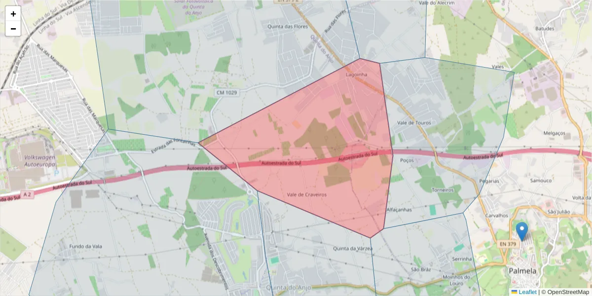 Mapa detalhado do código postal 2951-901 com limites, códigos postais vizinhos e agências dos correios