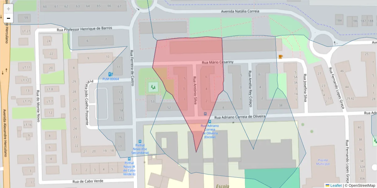 Mapa detalhado do código postal 2955-002 com limites, códigos postais vizinhos e agências dos correios