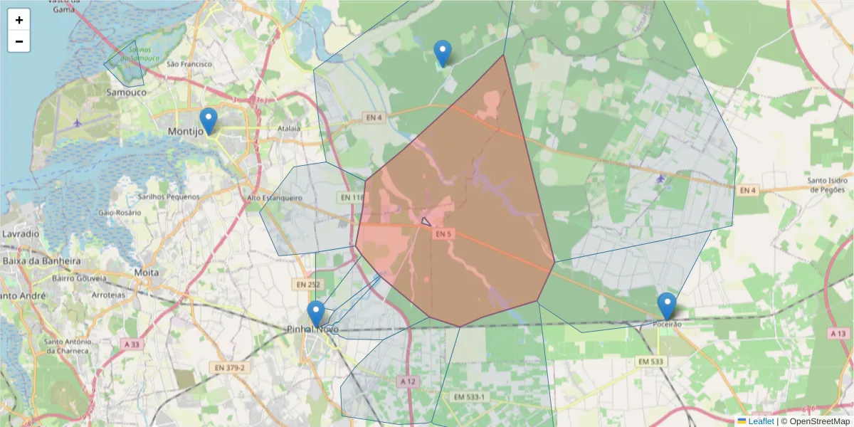 Mapa detalhado do código postal 2955-014 com limites, códigos postais vizinhos e agências dos correios