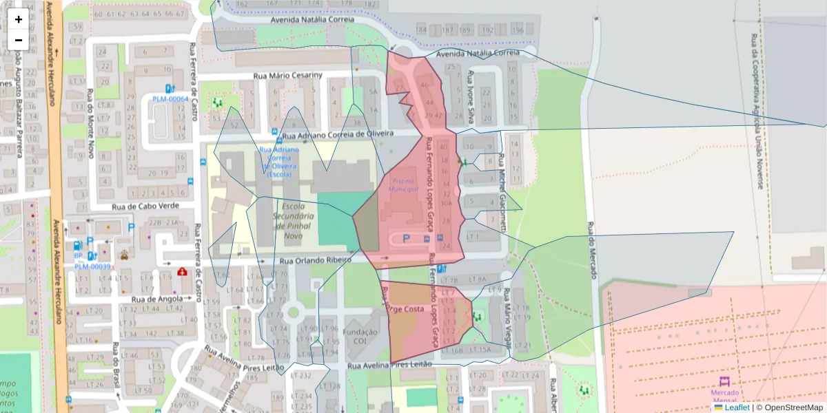 Mapa detalhado do código postal 2955-023 com limites, códigos postais vizinhos e agências dos correios