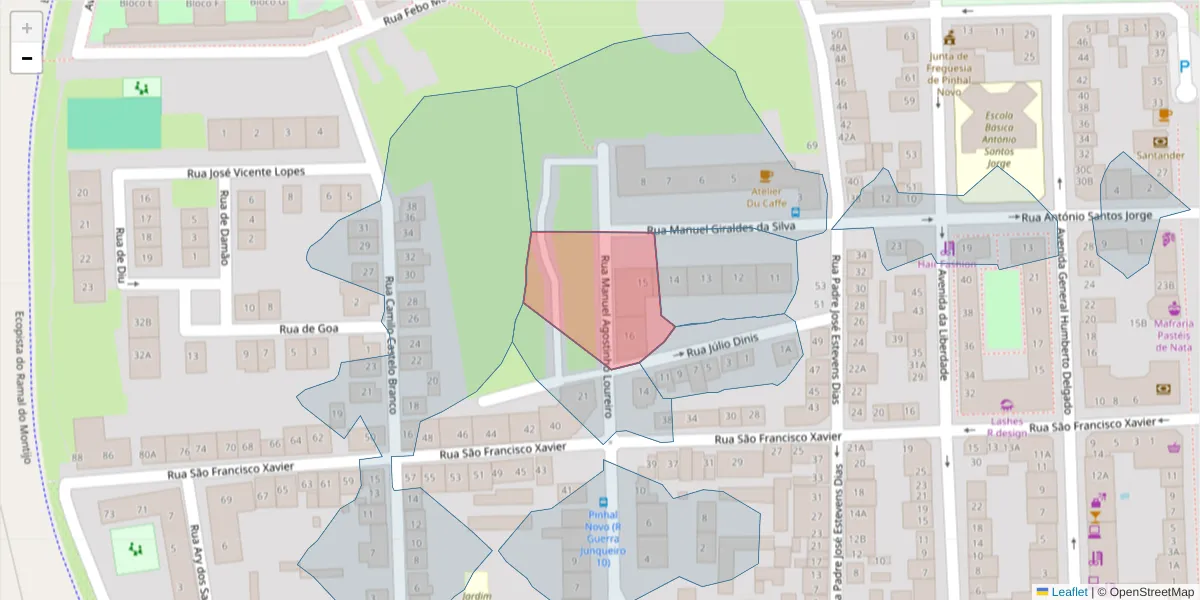 Mapa detalhado do código postal 2955-025 com limites, códigos postais vizinhos e agências dos correios