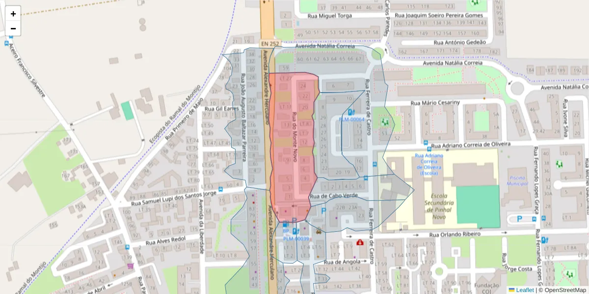Mapa detalhado do código postal 2955-036 com limites, códigos postais vizinhos e agências dos correios