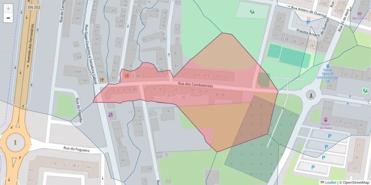 Mapa detalhado do código postal 2955-037 com limites, códigos postais vizinhos e agências dos correios