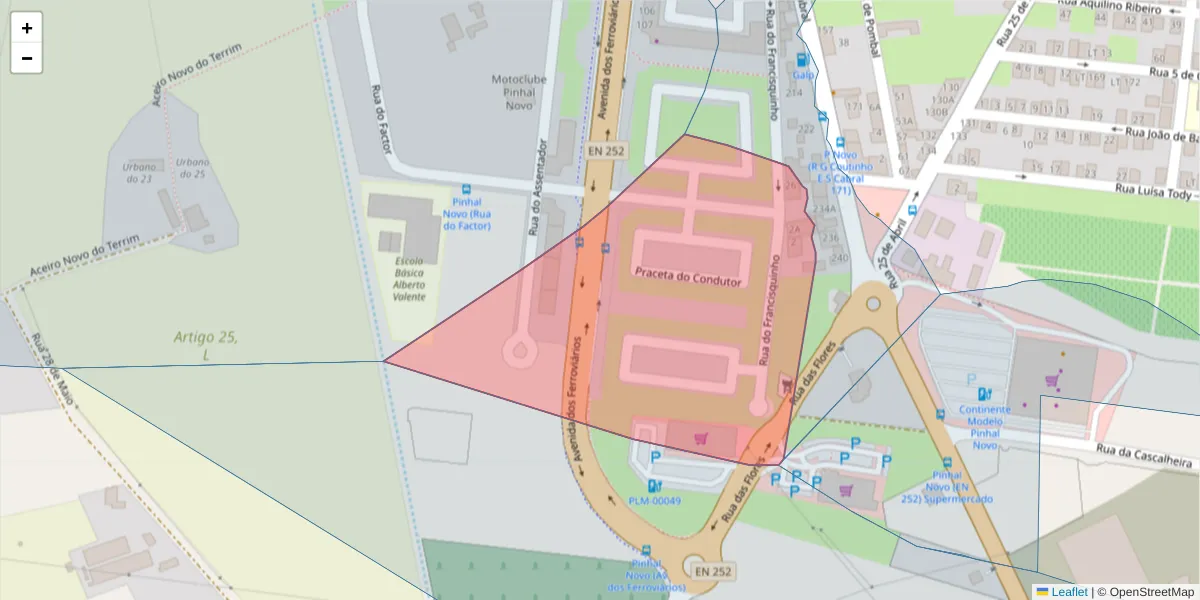 Mapa detalhado do código postal 2955-040 com limites, códigos postais vizinhos e agências dos correios