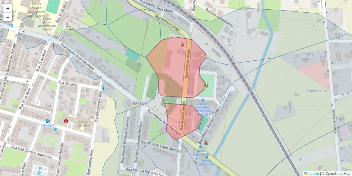 Mapa detalhado do código postal 2955-041 com limites, códigos postais vizinhos e agências dos correios