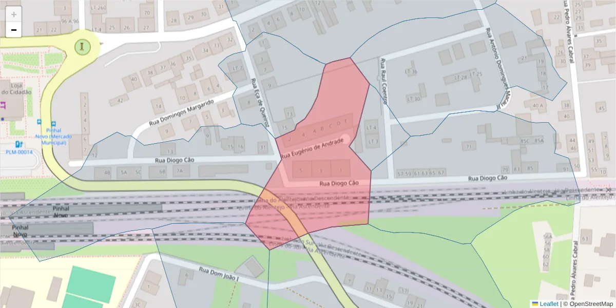 Mapa detalhado do código postal 2955-048 com limites, códigos postais vizinhos e agências dos correios
