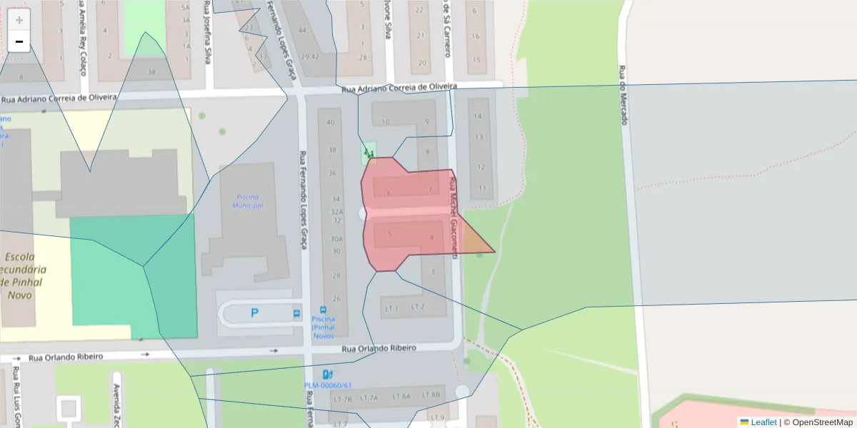Mapa detalhado do código postal 2955-052 com limites, códigos postais vizinhos e agências dos correios