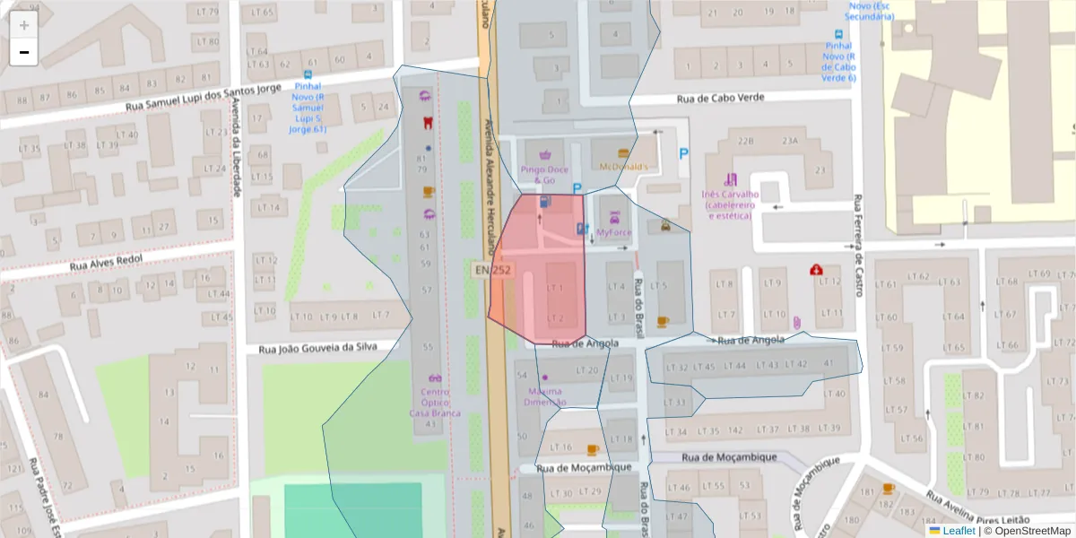 Mapa detalhado do código postal 2955-056 com limites, códigos postais vizinhos e agências dos correios