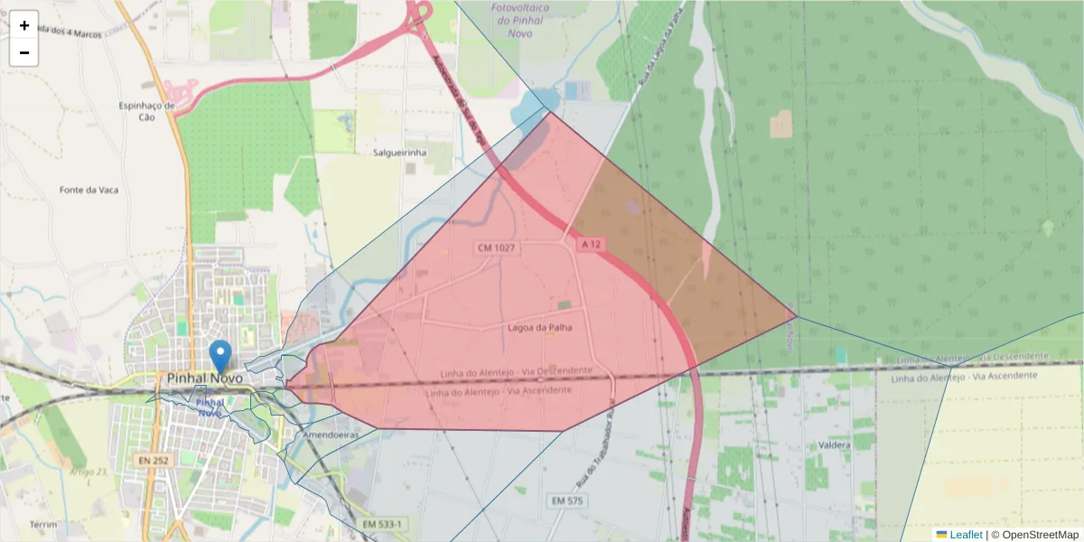Mapa detalhado do código postal 2955-058 com limites, códigos postais vizinhos e agências dos correios