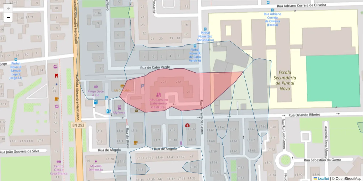 Mapa detalhado do código postal 2955-063 com limites, códigos postais vizinhos e agências dos correios