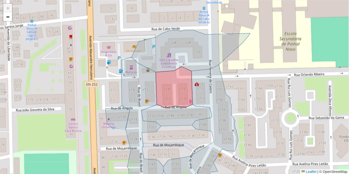 Mapa detalhado do código postal 2955-089 com limites, códigos postais vizinhos e agências dos correios