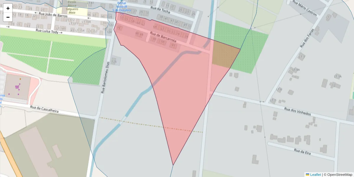 Mapa detalhado do código postal 2955-091 com limites, códigos postais vizinhos e agências dos correios