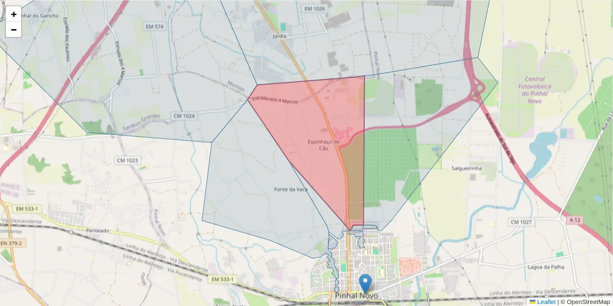 Mapa detalhado do código postal 2955-092 com limites, códigos postais vizinhos e agências dos correios