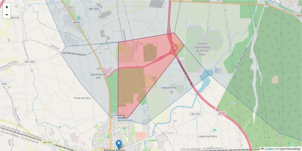 Mapa detalhado do código postal 2955-093 com limites, códigos postais vizinhos e agências dos correios