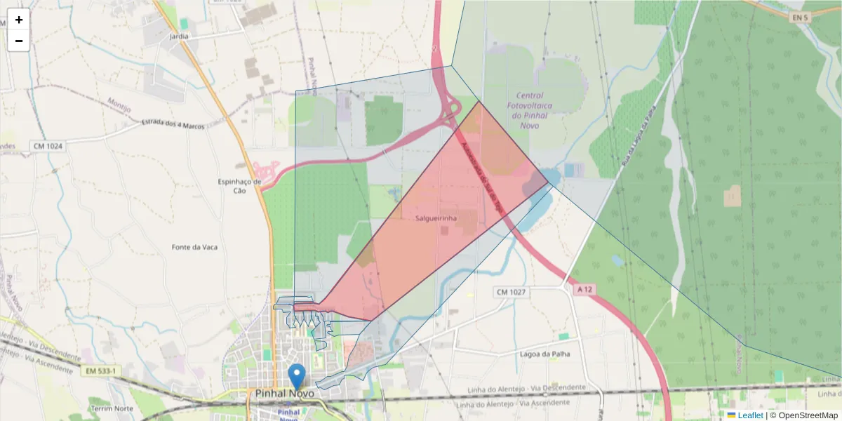 Mapa detalhado do código postal 2955-098 com limites, códigos postais vizinhos e agências dos correios