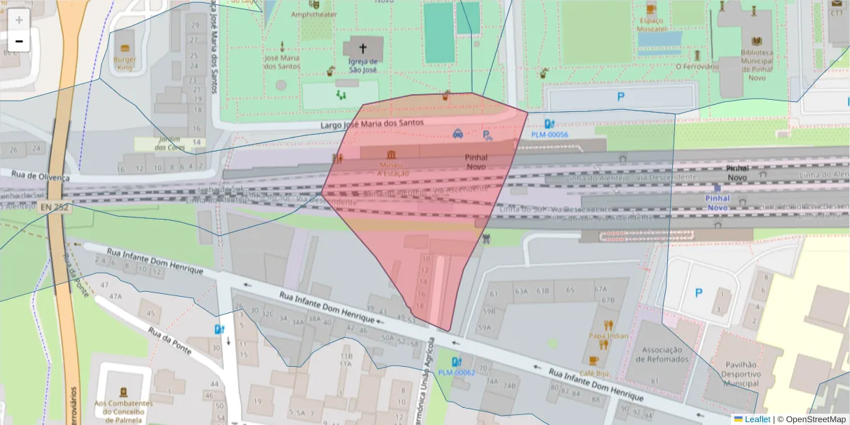 Mapa detalhado do código postal 2955-104 com limites, códigos postais vizinhos e agências dos correios