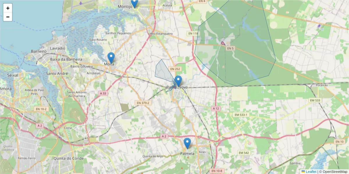Mapa detalhado do código postal 2955-119 com limites, códigos postais vizinhos e agências dos correios
