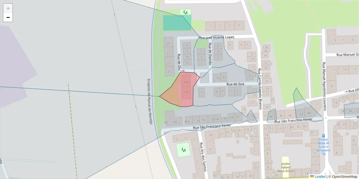 Mapa detalhado do código postal 2955-121 com limites, códigos postais vizinhos e agências dos correios