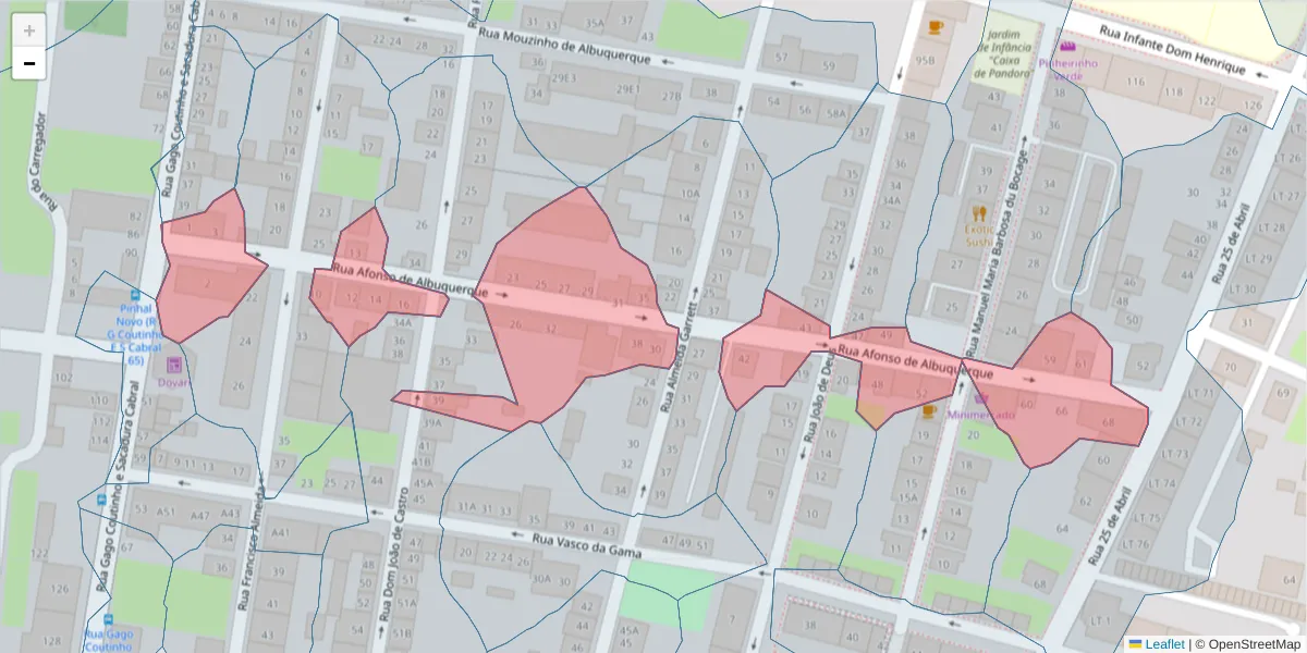 Mapa detalhado do código postal 2955-125 com limites, códigos postais vizinhos e agências dos correios
