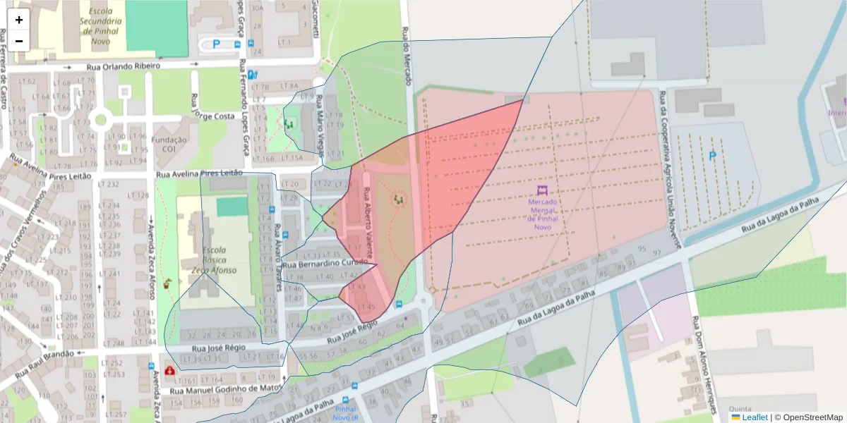 Mapa detalhado do código postal 2955-126 com limites, códigos postais vizinhos e agências dos correios