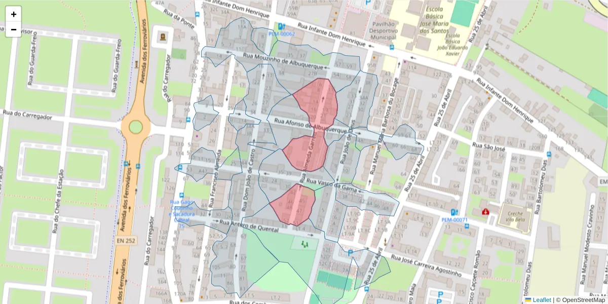 Mapa detalhado do código postal 2955-127 com limites, códigos postais vizinhos e agências dos correios