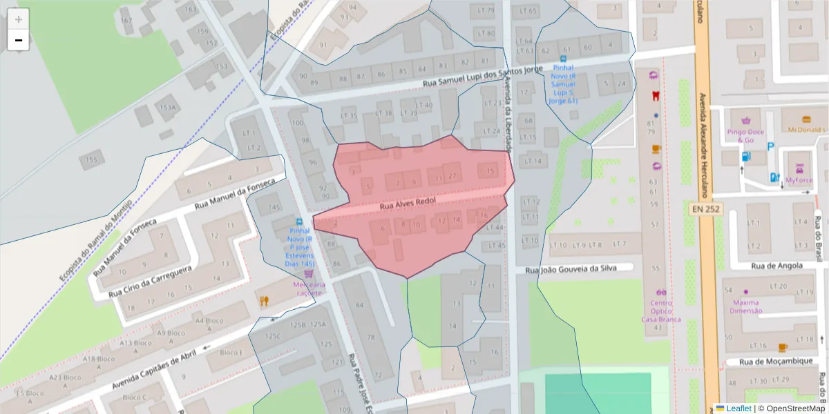 Mapa detalhado do código postal 2955-129 com limites, códigos postais vizinhos e agências dos correios