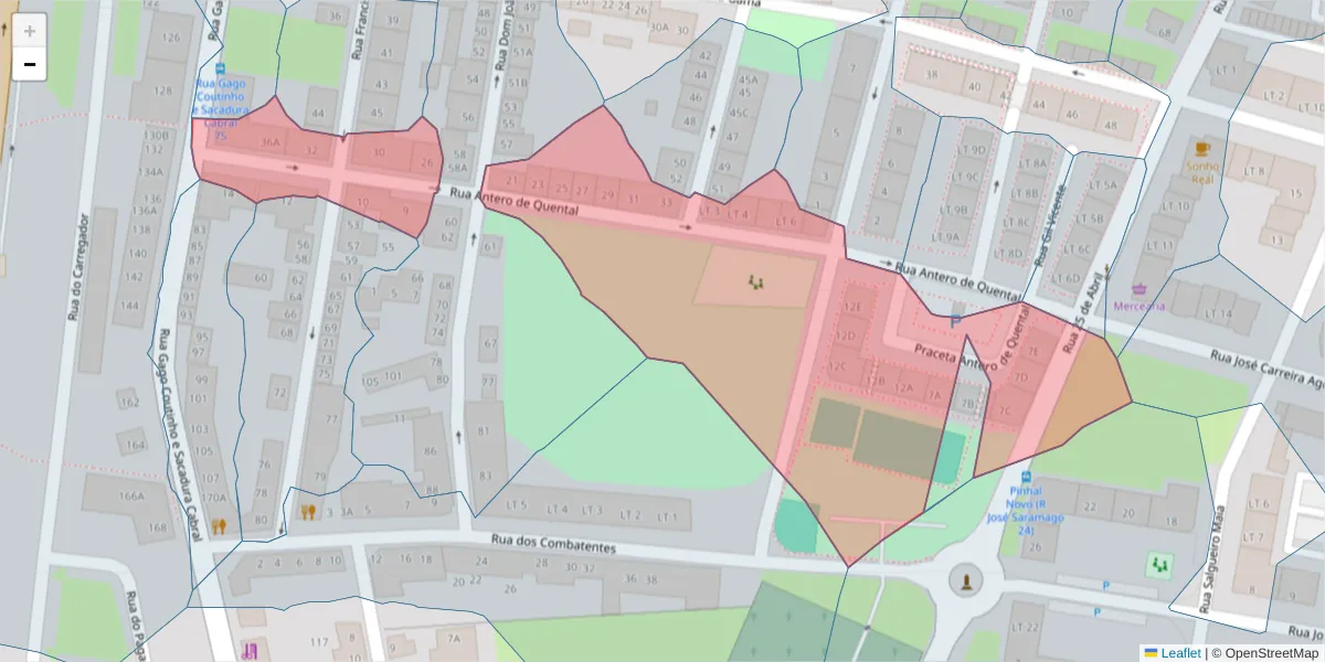 Mapa detalhado do código postal 2955-130 com limites, códigos postais vizinhos e agências dos correios