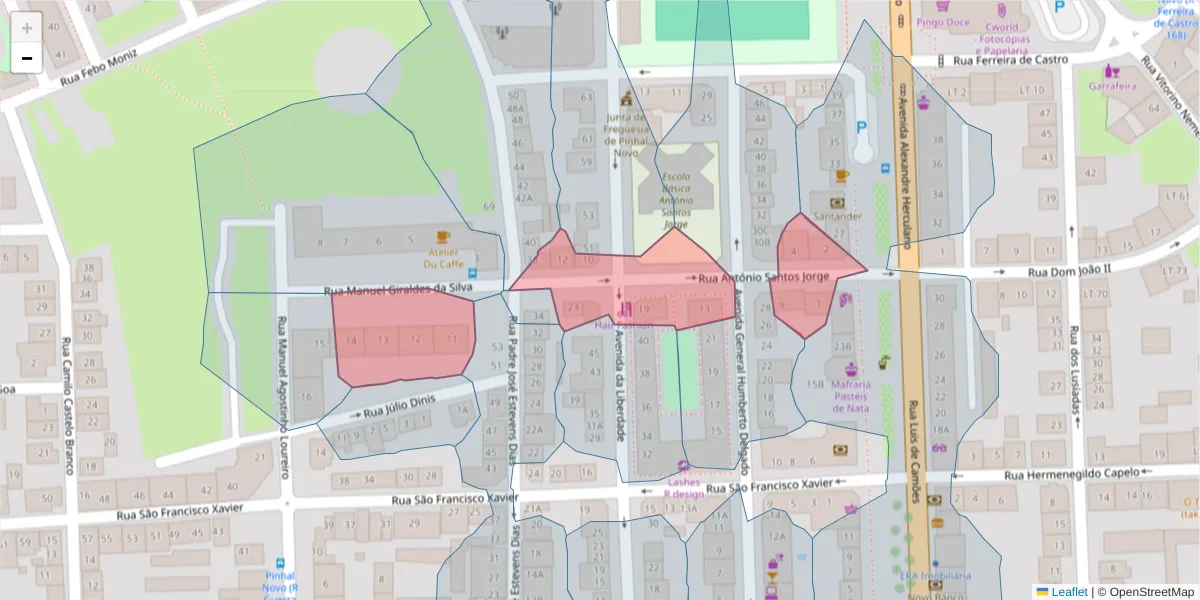Mapa detalhado do código postal 2955-132 com limites, códigos postais vizinhos e agências dos correios