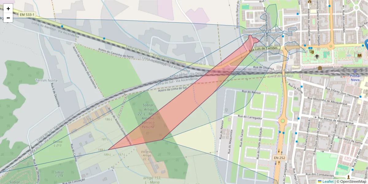 Mapa detalhado do código postal 2955-133 com limites, códigos postais vizinhos e agências dos correios