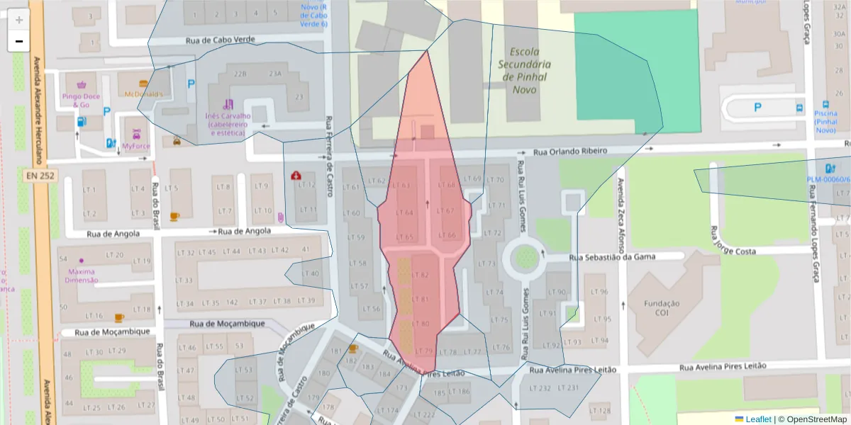 Mapa detalhado do código postal 2955-135 com limites, códigos postais vizinhos e agências dos correios