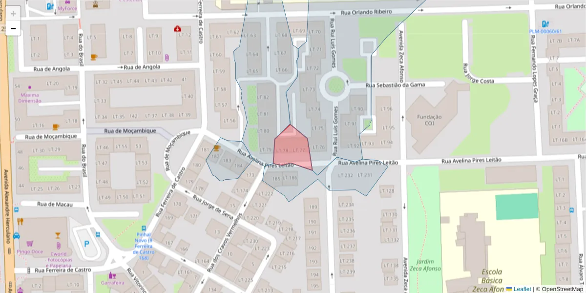Mapa detalhado do código postal 2955-150 com limites, códigos postais vizinhos e agências dos correios