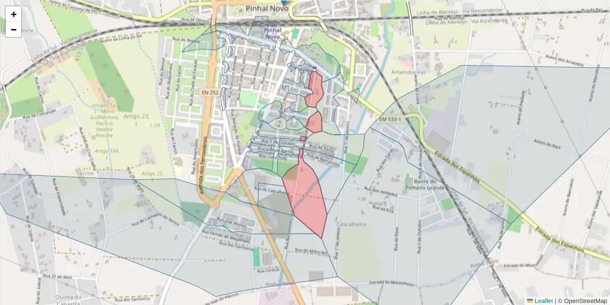 Mapa detalhado do código postal 2955-151 com limites, códigos postais vizinhos e agências dos correios