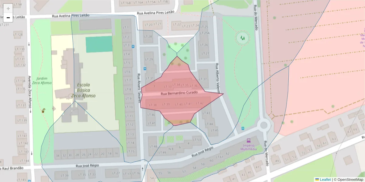Mapa detalhado do código postal 2955-153 com limites, códigos postais vizinhos e agências dos correios