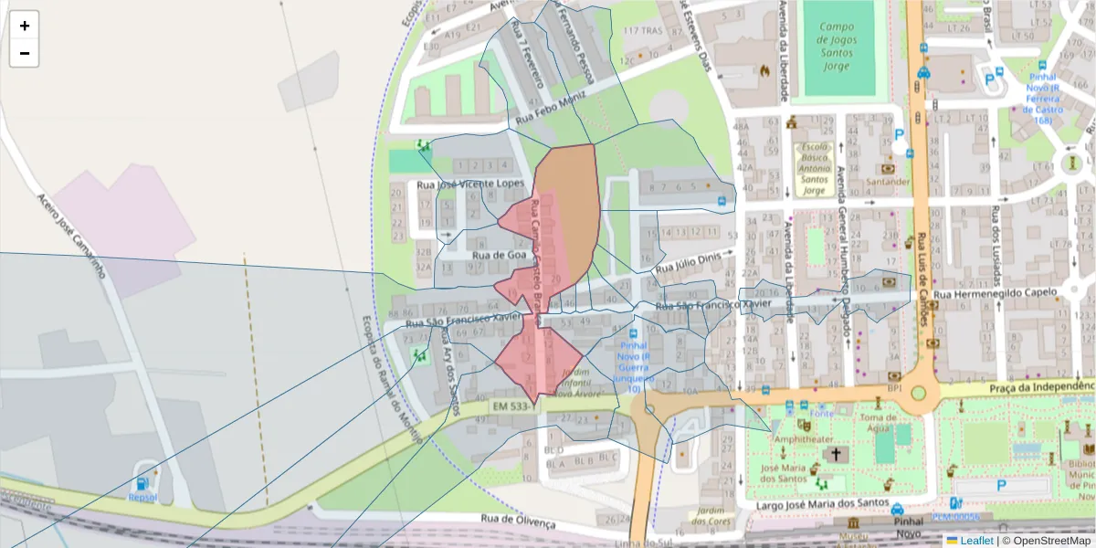 Mapa detalhado do código postal 2955-154 com limites, códigos postais vizinhos e agências dos correios