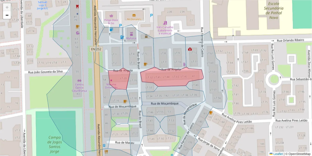 Mapa detalhado do código postal 2955-156 com limites, códigos postais vizinhos e agências dos correios