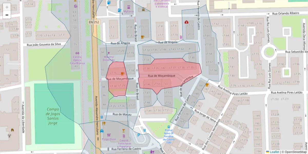 Mapa detalhado do código postal 2955-162 com limites, códigos postais vizinhos e agências dos correios
