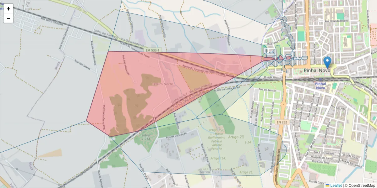 Mapa detalhado do código postal 2955-168 com limites, códigos postais vizinhos e agências dos correios