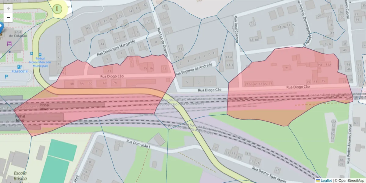 Mapa detalhado do código postal 2955-171 com limites, códigos postais vizinhos e agências dos correios