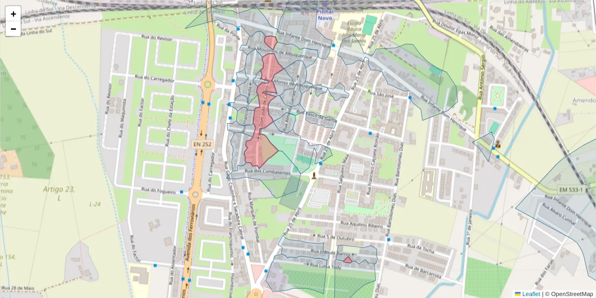 Mapa detalhado do código postal 2955-174 com limites, códigos postais vizinhos e agências dos correios