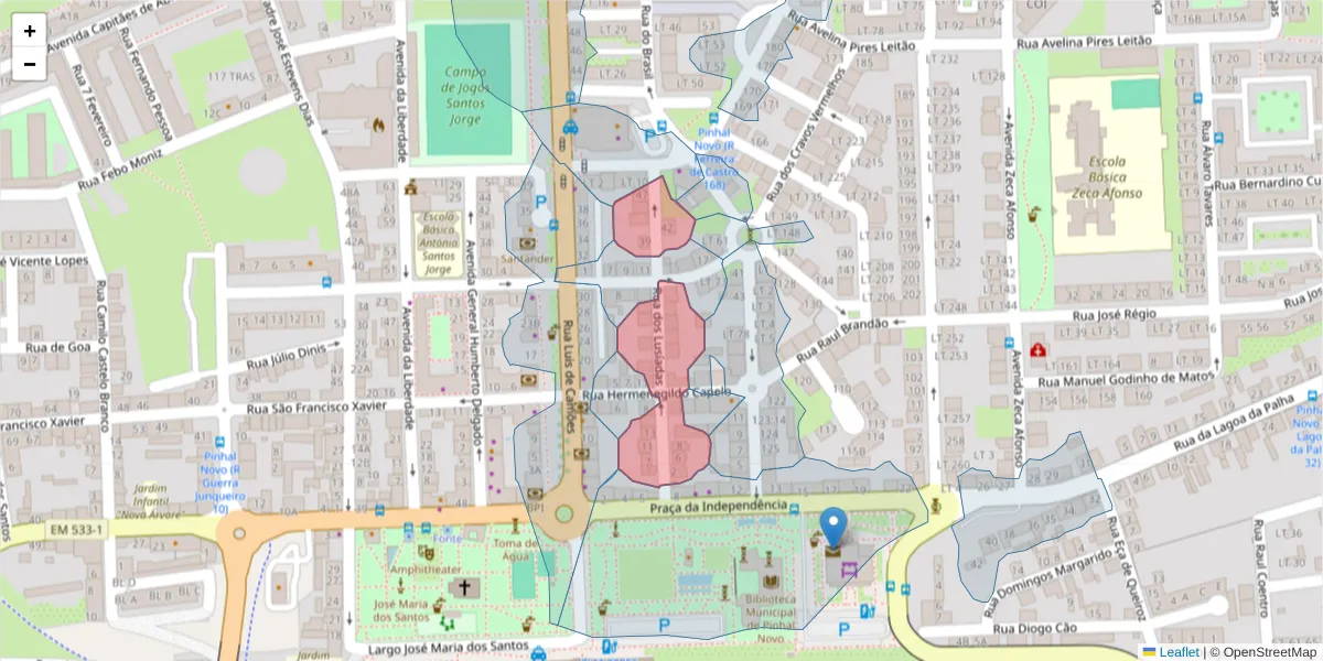 Mapa detalhado do código postal 2955-180 com limites, códigos postais vizinhos e agências dos correios